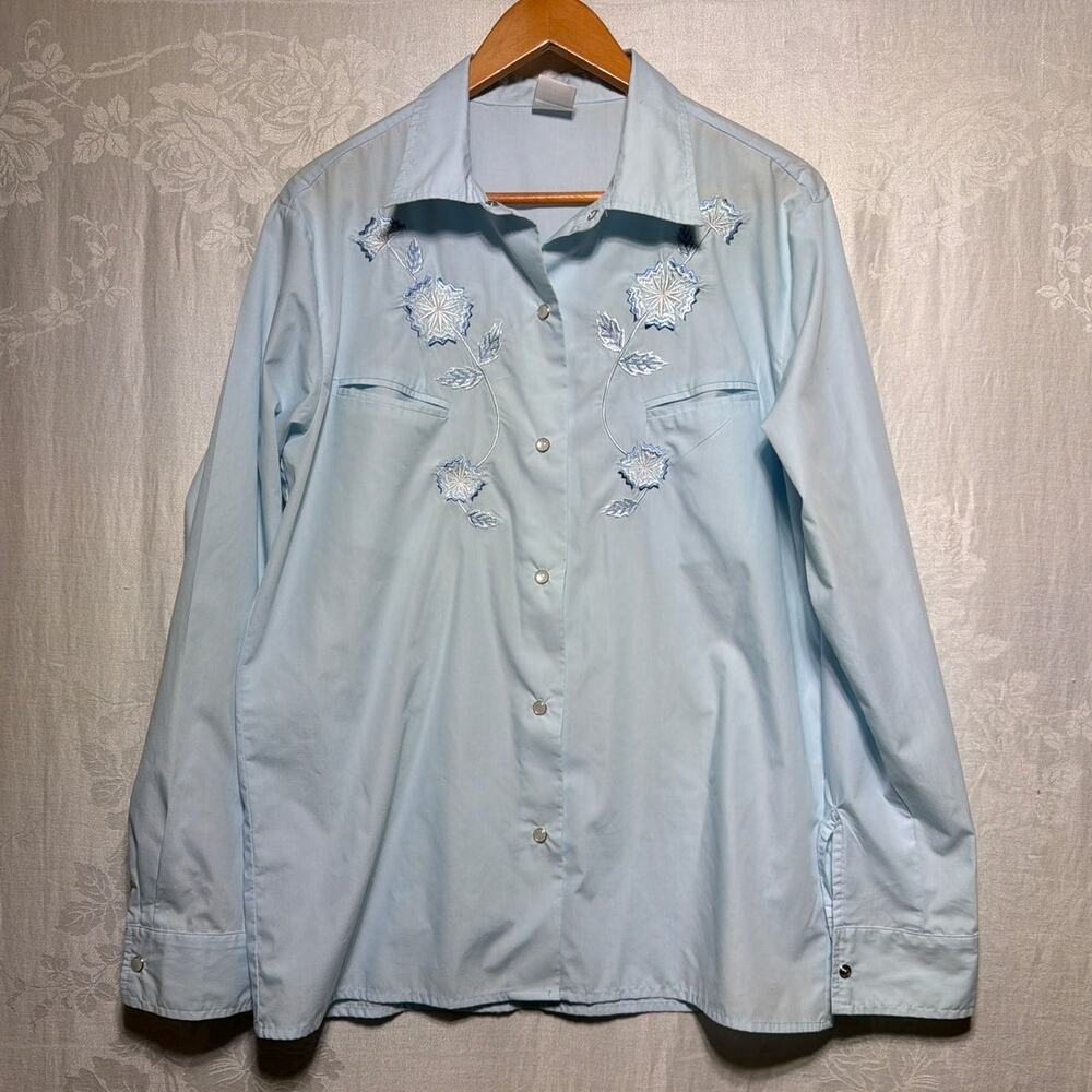 Napoleon Dynamite Button Up Med Blue Embroidered Floral Pearl Snap Pedro Costume